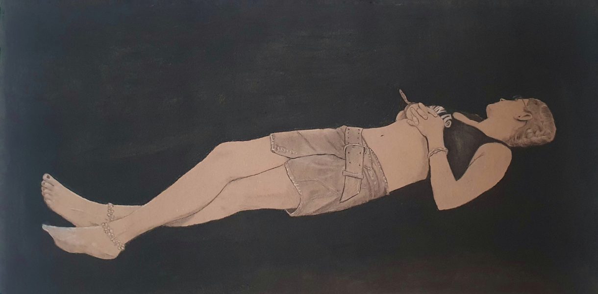 festival sleeper 100 x 50 cm, charcoal on paper, 2023, Castaignet